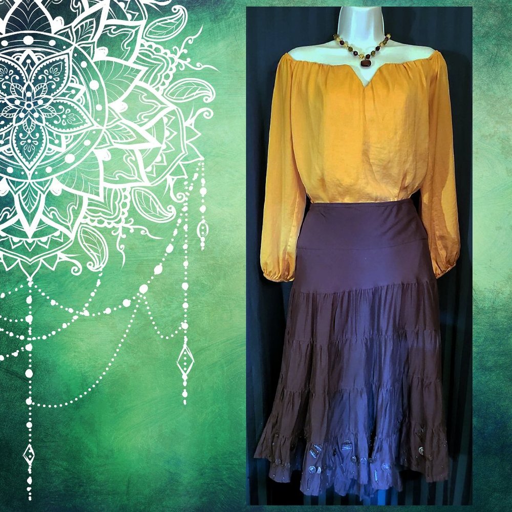 BohoPeasant Ensemble: Marigold Yellow Peasant Blouse and Brown Tiered Skirt